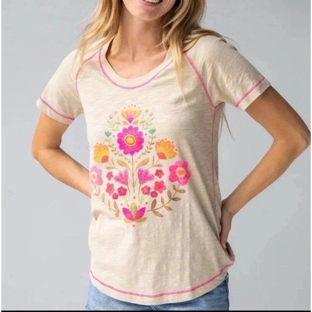 Natural Life Boho Cotton Tee Shirt in Cream Folk Flower SZ M Comfy Casual Floral